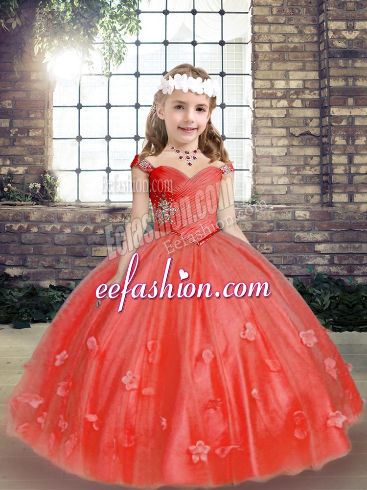  Ball Gowns Sleeveless Coral Red Pageant Gowns For Girls Lace Up