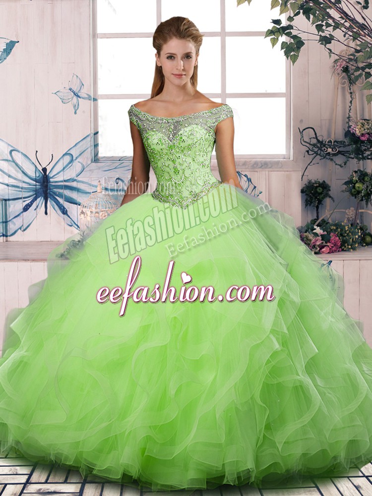 Hot Selling Tulle Lace Up Off The Shoulder Sleeveless Floor Length Quinceanera Dress Beading and Ruffles