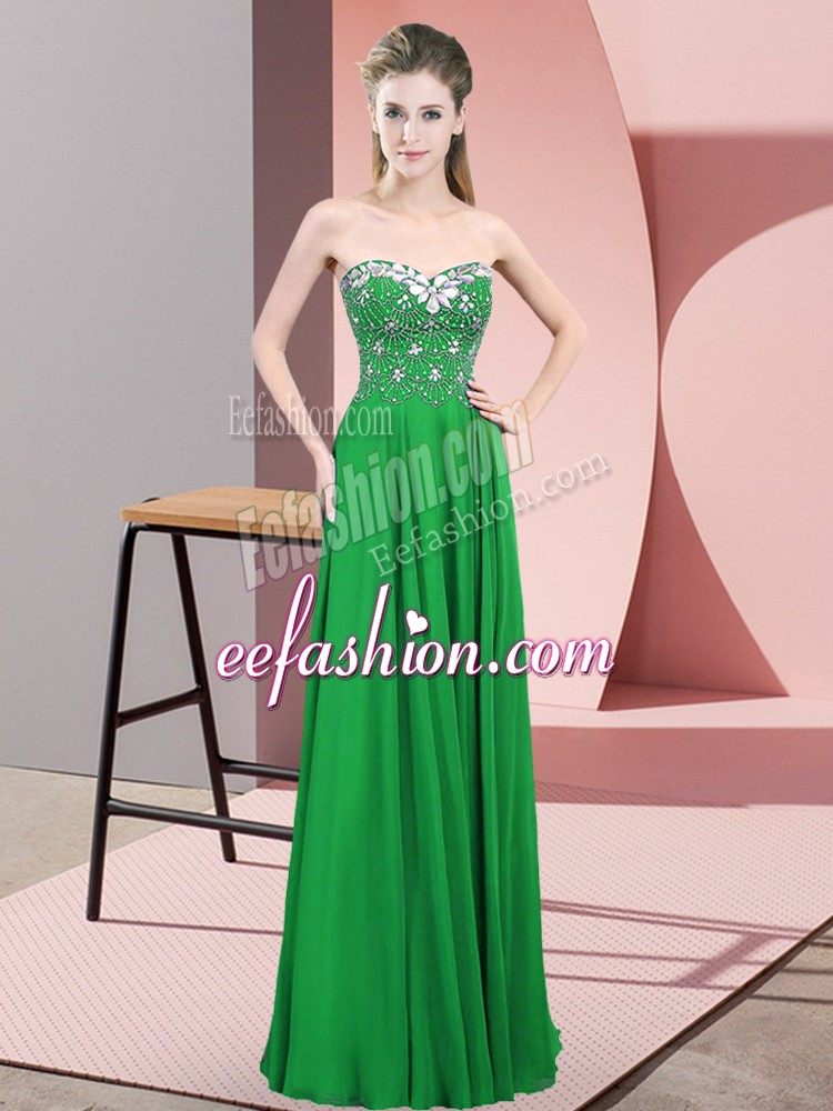 Fine Green Empire Beading Prom Gown Zipper Chiffon Sleeveless Floor Length