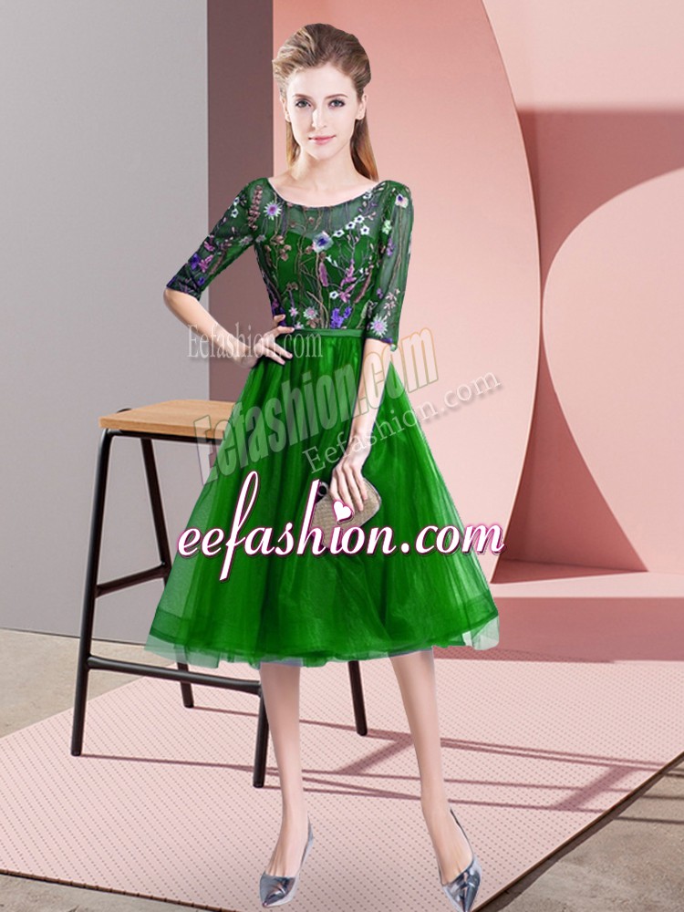 Exceptional Scoop Half Sleeves Lace Up Quinceanera Dama Dress Green Tulle
