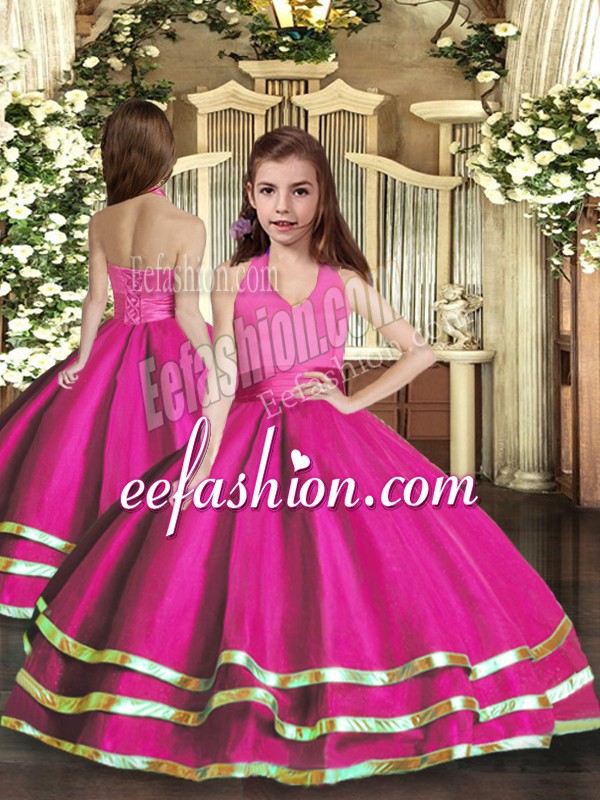 Hot Selling Fuchsia Lace Up Little Girl Pageant Dress Ruffled Layers Sleeveless Floor Length