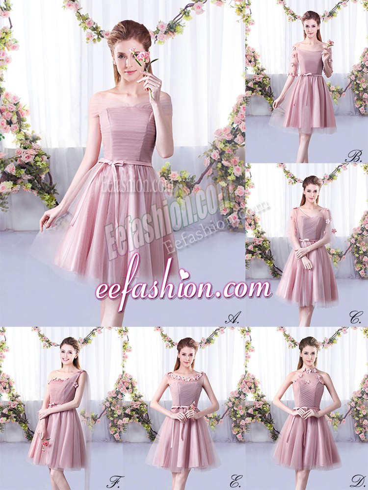 Eye-catching Pink A-line Tulle Off The Shoulder Sleeveless Belt Knee Length Lace Up Damas Dress