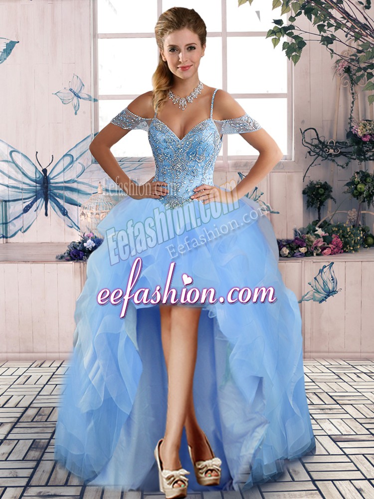  Light Blue Off The Shoulder Lace Up Beading and Ruffles Prom Party Dress Sleeveless
