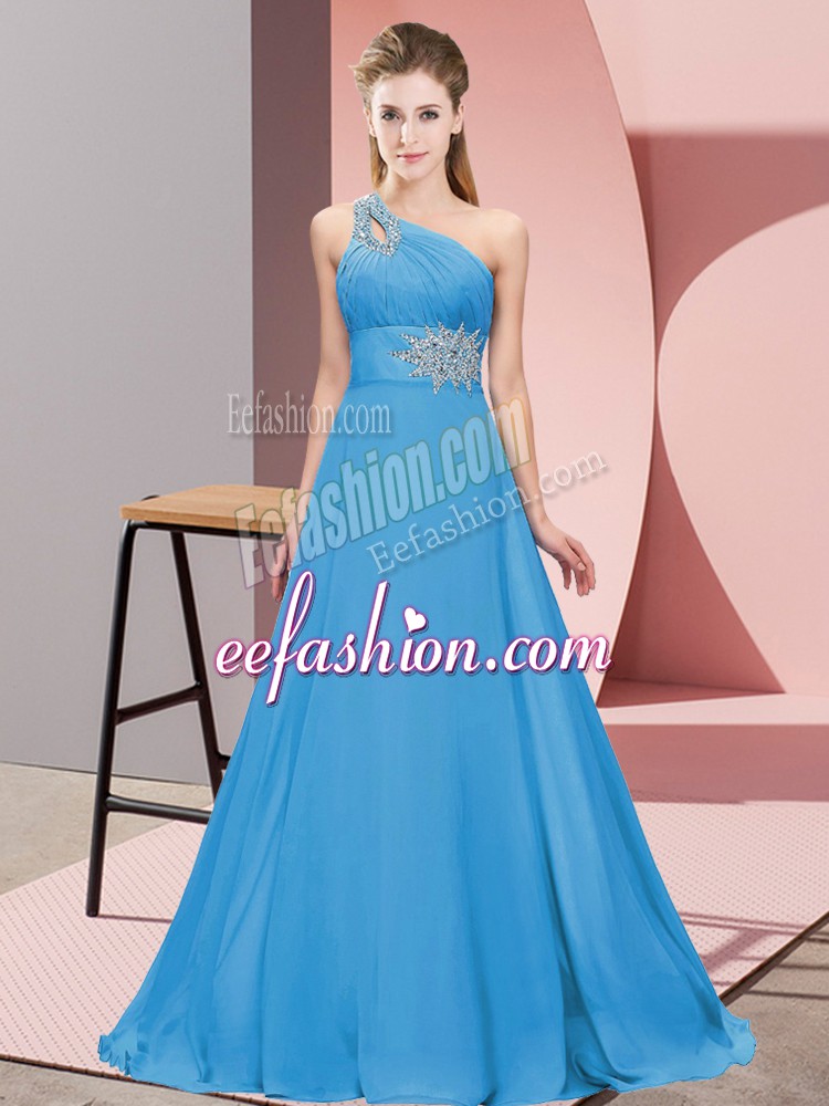 Modest Sleeveless Floor Length Beading Lace Up Homecoming Dress with Blue