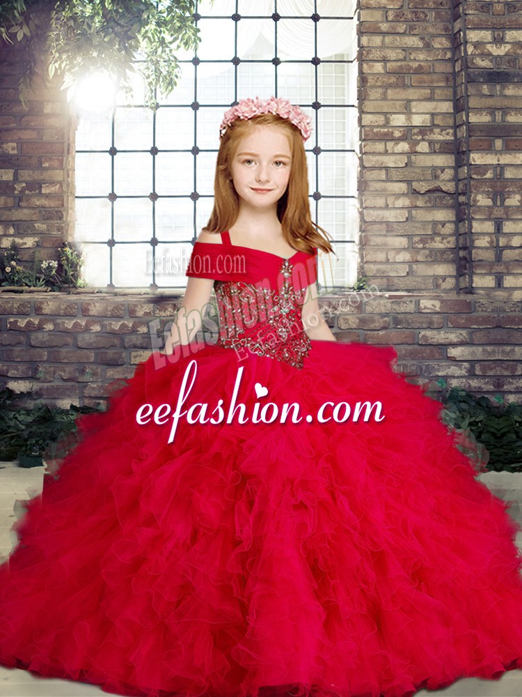 Simple Red Ball Gowns Straps Sleeveless Tulle Floor Length Lace Up Beading and Ruffles Little Girls Pageant Dress
