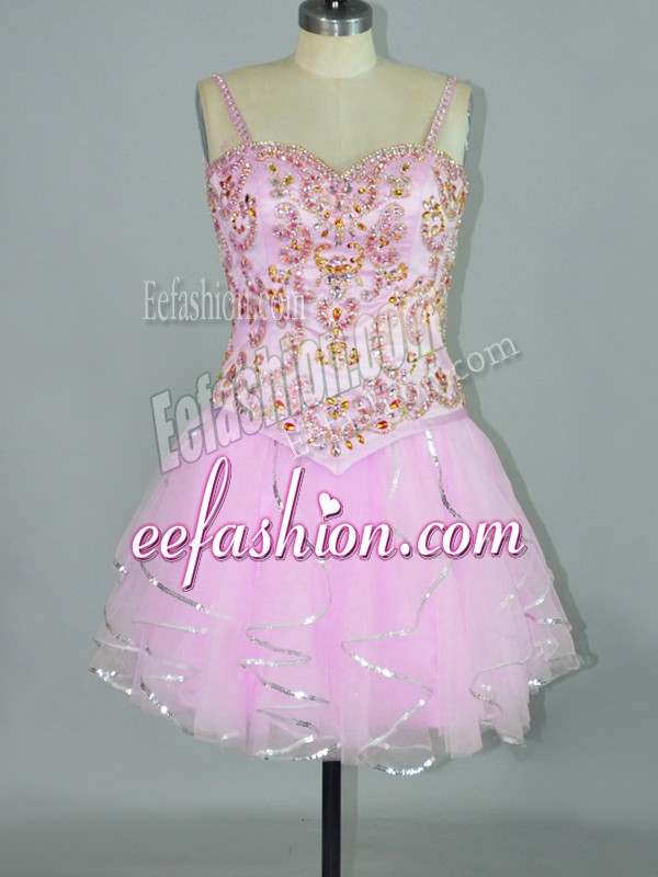  Rose Pink Tulle Lace Up Spaghetti Straps Sleeveless Mini Length Prom Evening Gown Beading and Ruffles
