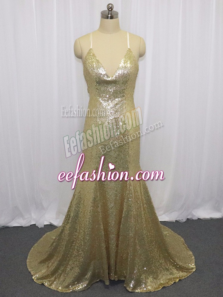  Sleeveless Sequins Criss Cross Evening Dress with Champagne Brush Train