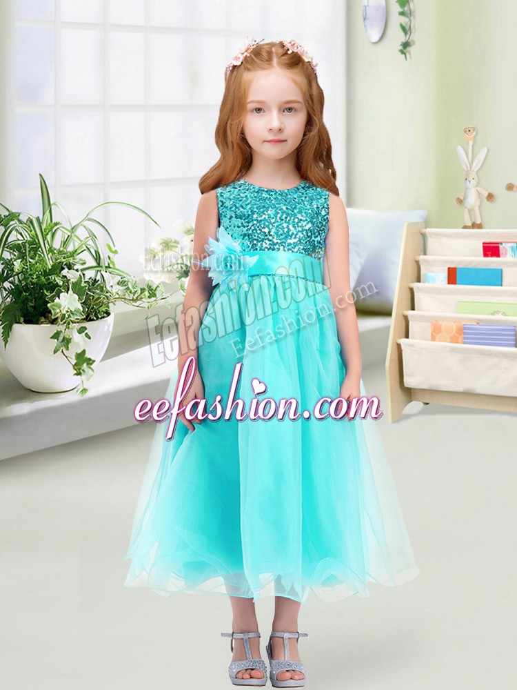  Aqua Blue Empire Scoop Sleeveless Organza Tea Length Zipper Sequins and Hand Made Flower Flower Girl Dresses