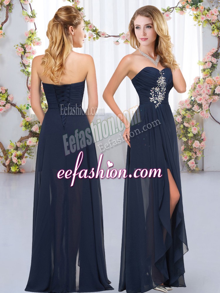  Empire Quinceanera Court of Honor Dress Navy Blue Sweetheart Chiffon Sleeveless Floor Length Lace Up