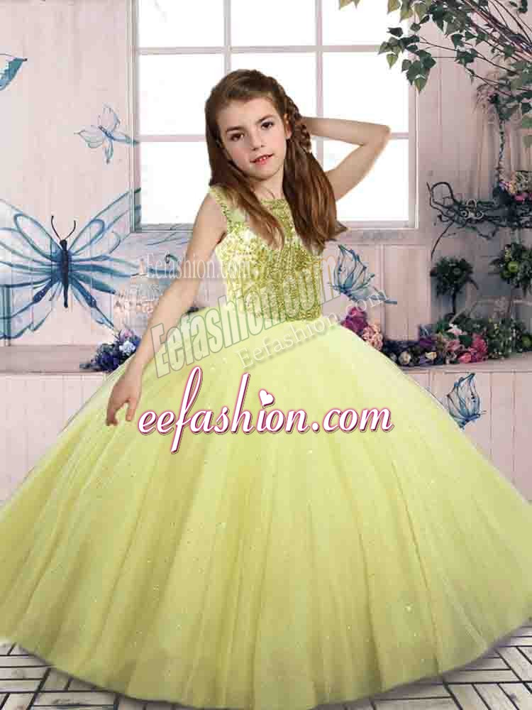  Yellow Green Sleeveless Beading Floor Length Little Girls Pageant Dress