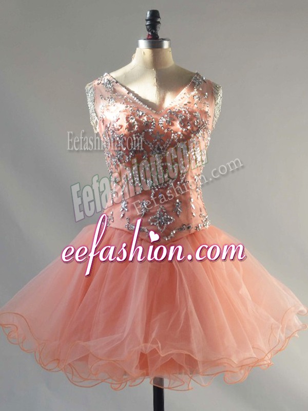 Fitting Mini Length Lace Up Prom Dress Peach for Prom and Party and Military Ball with Beading