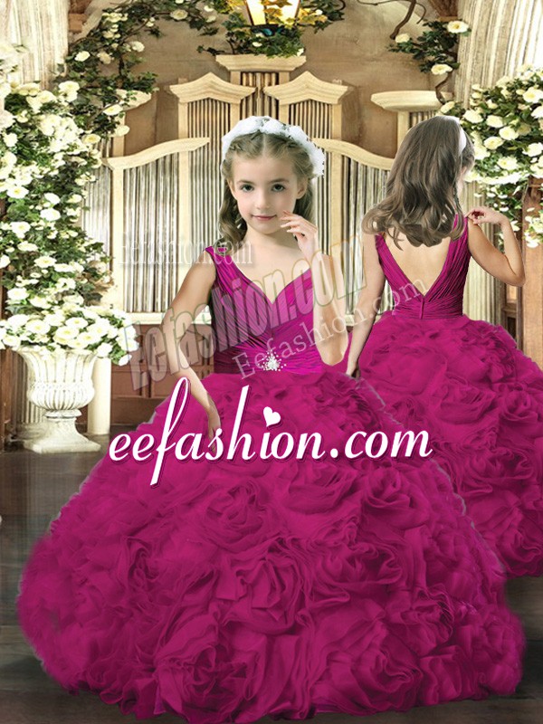 Amazing V-neck Sleeveless Backless Girls Pageant Dresses Fuchsia Fabric With Rolling Flowers
