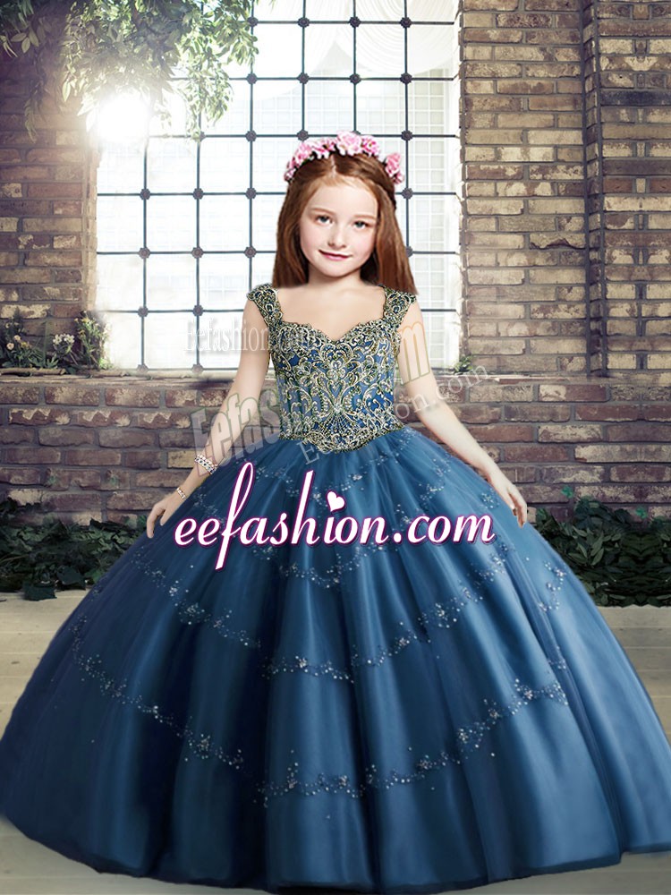 Cheap Blue Straps Lace Up Beading Kids Pageant Dress Sleeveless