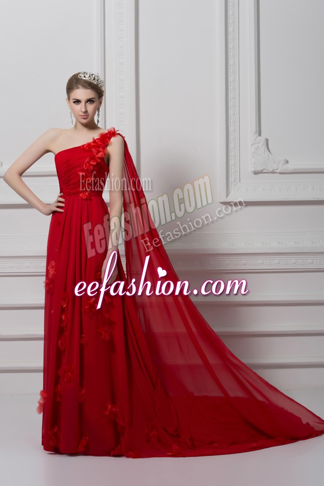  Red Chiffon and Tulle Lace Up One Shoulder Sleeveless Watteau Train Ruching and Hand Made Flower