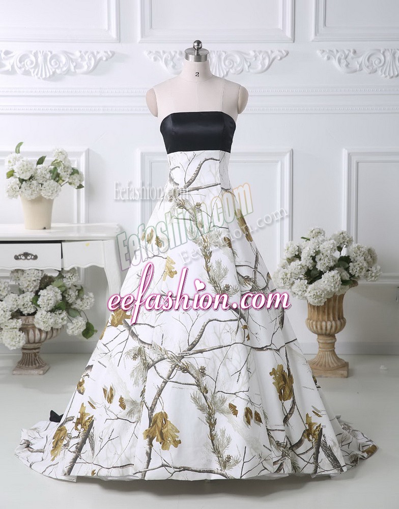 Fantastic Printed Strapless Sleeveless Brush Train Lace Up Pattern Wedding Gowns in Multi-color
