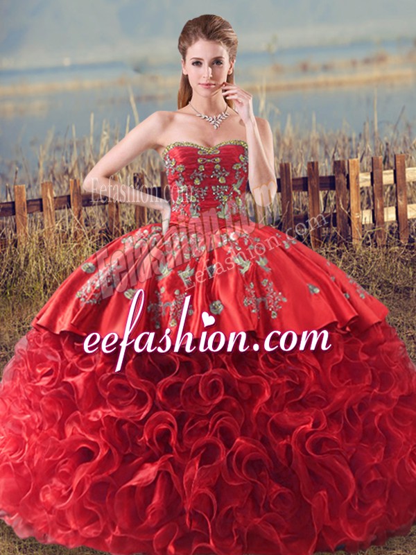  Brush Train Ball Gowns Quinceanera Dresses Coral Red Sweetheart Fabric With Rolling Flowers Sleeveless Lace Up