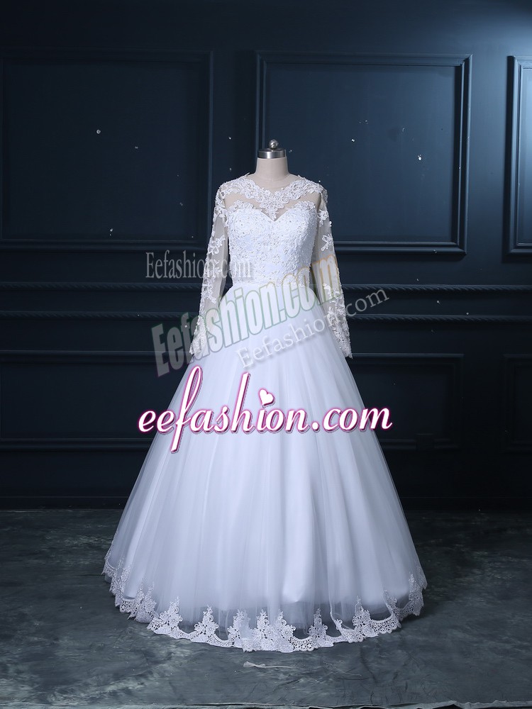  White A-line Lace Bridal Gown Lace Up Tulle Long Sleeves