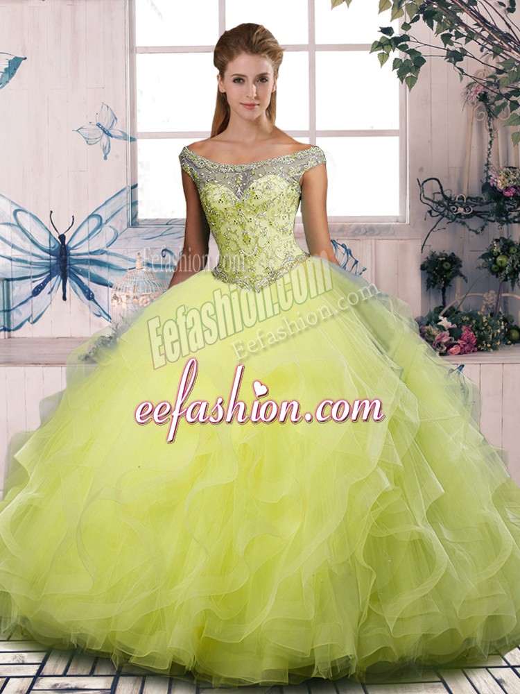 High End Floor Length Ball Gowns Sleeveless Yellow Green Quinceanera Gowns Lace Up