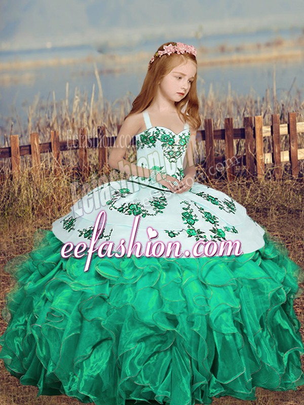 Cute Turquoise Ball Gowns Straps Sleeveless Organza Floor Length Lace Up Embroidery and Ruffles Pageant Dress for Womens