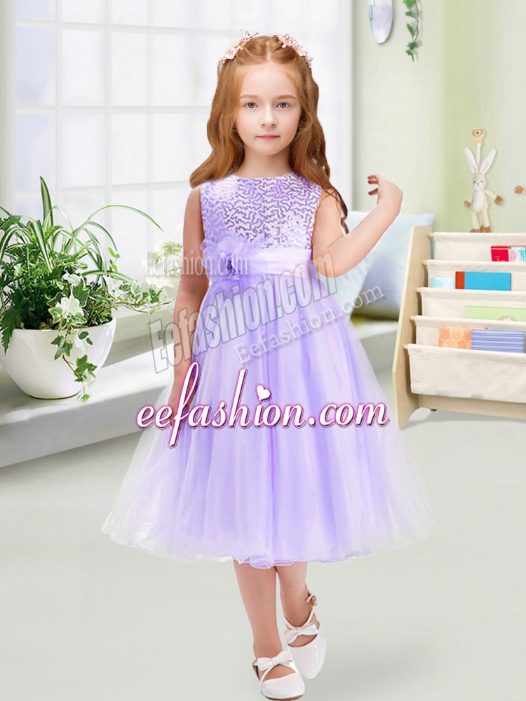  Sleeveless Zipper Tea Length Sequins and Hand Made Flower Flower Girl Dresses