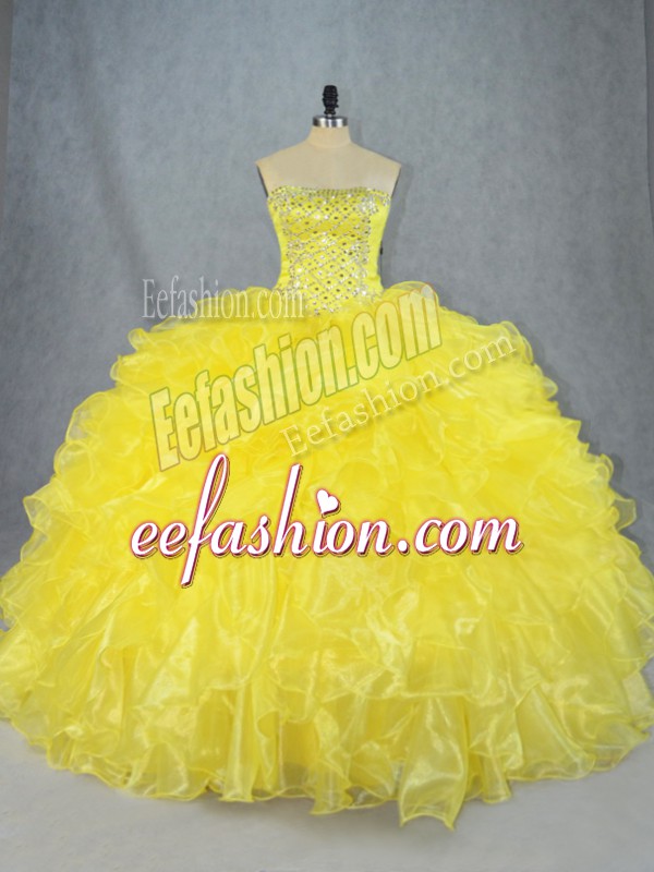  Yellow Ball Gowns Beading and Ruffles Quinceanera Gown Lace Up Organza Sleeveless Asymmetrical