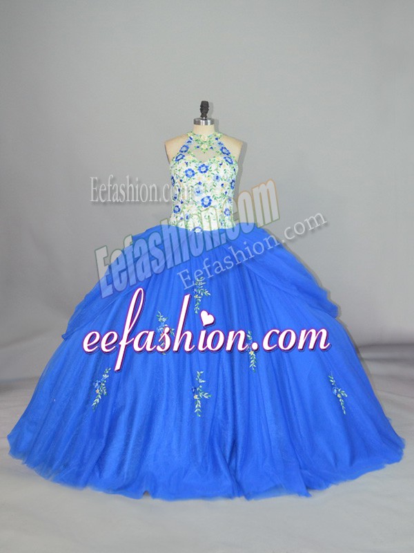  Blue Sleeveless Appliques and Embroidery Floor Length Quince Ball Gowns