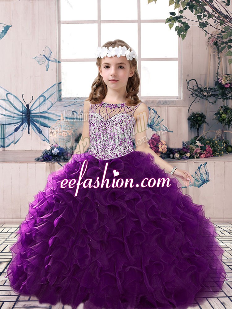  Floor Length Ball Gowns Sleeveless Purple Pageant Dress for Girls Lace Up