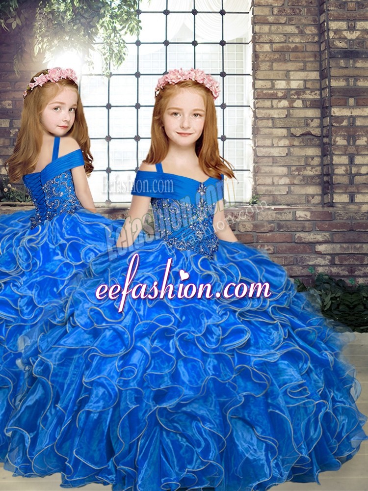  Blue Ball Gowns Straps Sleeveless Organza Floor Length Lace Up Beading and Ruffles Little Girl Pageant Dress