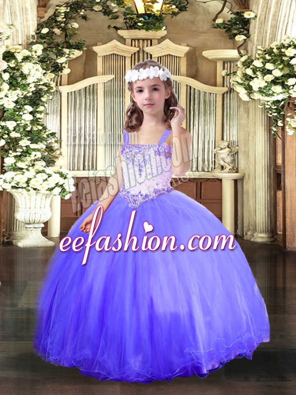  Blue Little Girls Pageant Gowns Party and Sweet 16 and Wedding Party with Beading Straps Sleeveless Lace Up