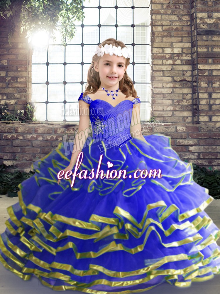  Blue Girls Pageant Dresses Party and Wedding Party with Beading and Ruching Sweetheart Sleeveless Lace Up