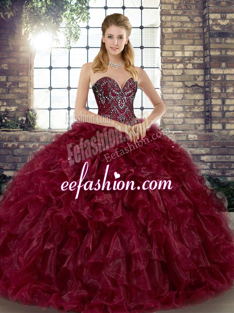 Modern Organza Sweetheart Sleeveless Lace Up Beading and Ruffles Quinceanera Dresses in Burgundy