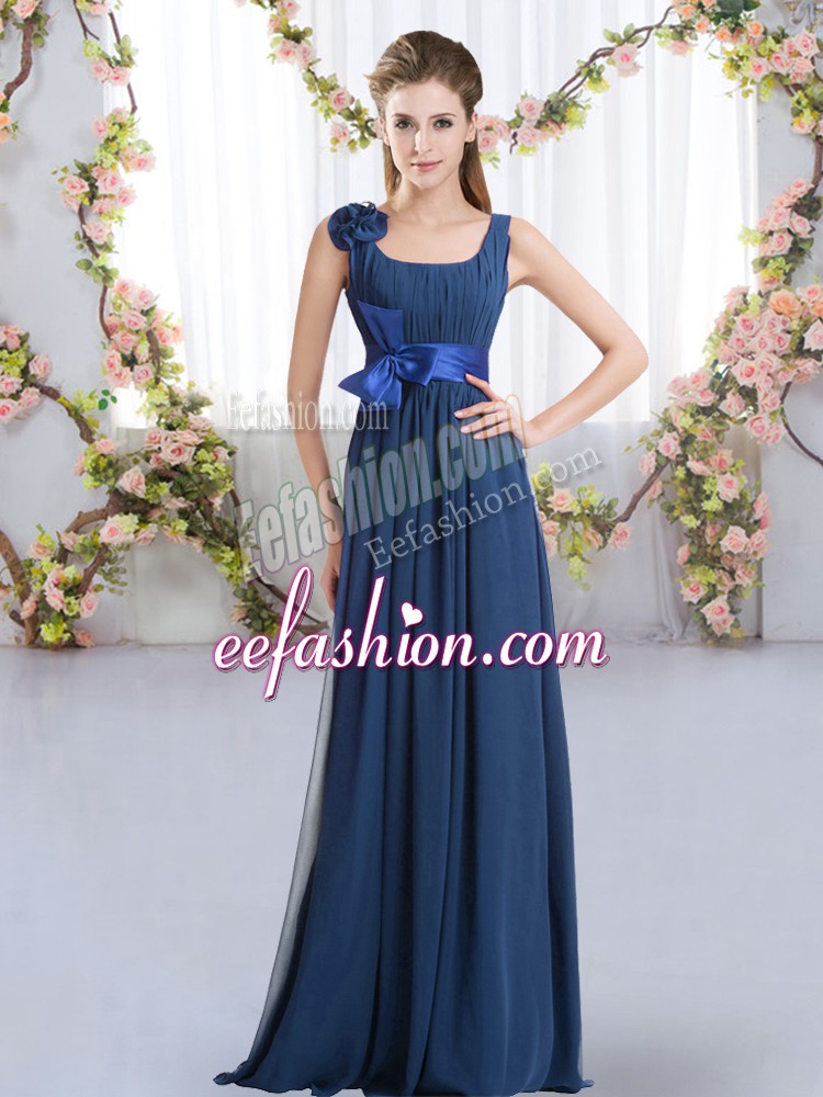  Floor Length Navy Blue Wedding Party Dress Straps Sleeveless Zipper