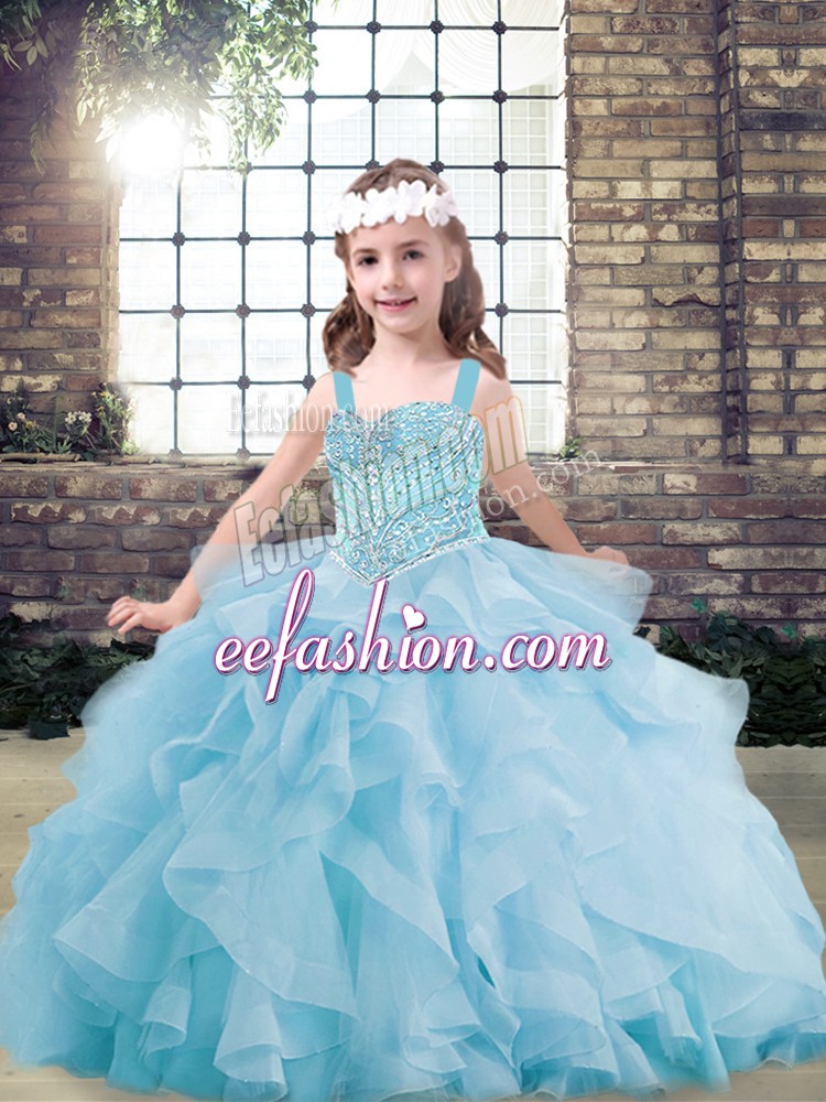  Light Blue Lace Up Pageant Gowns For Girls Beading and Ruffles Sleeveless Floor Length