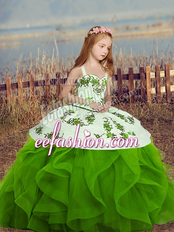  Green Lace Up Spaghetti Straps Sleeveless Floor Length Little Girl Pageant Dress Embroidery and Ruffles