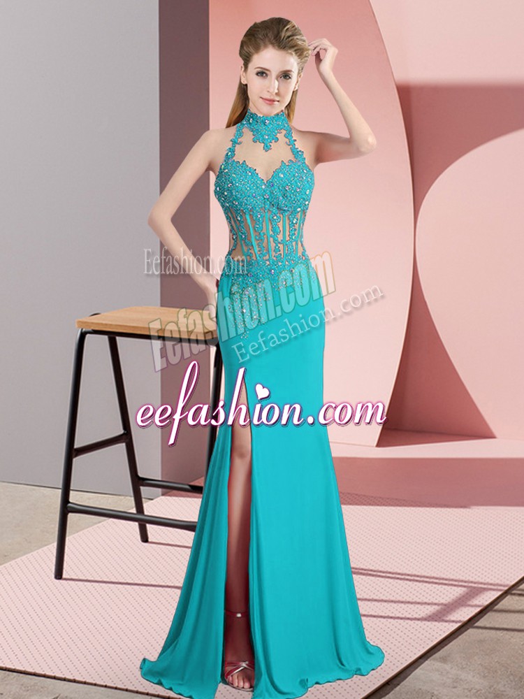  Aqua Blue Sleeveless Chiffon Backless Prom Dress for Prom and Party and Military Ball