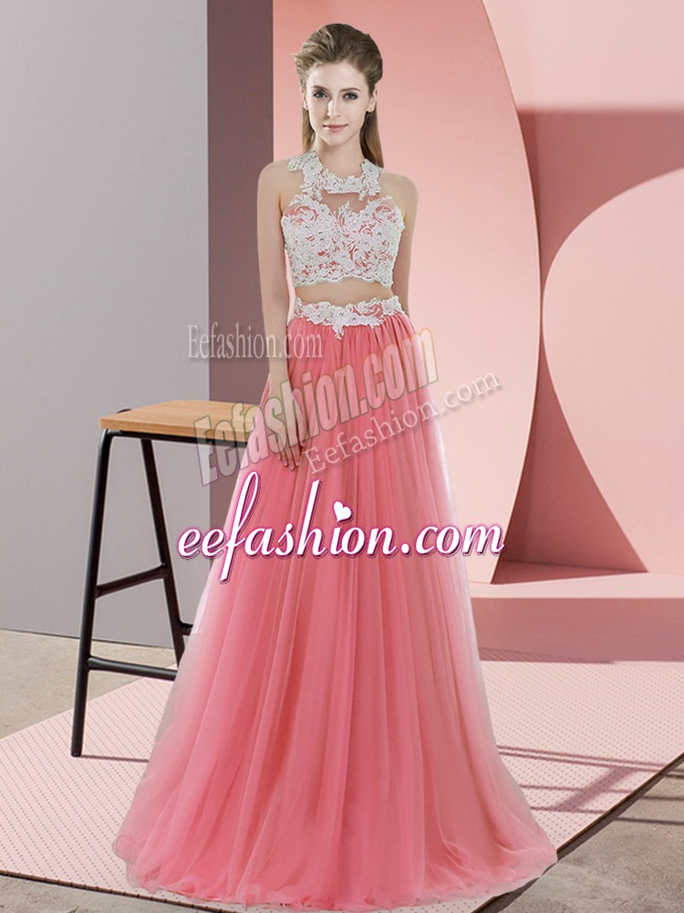 Excellent Tulle Halter Top Sleeveless Zipper Lace Wedding Guest Dresses in Watermelon Red