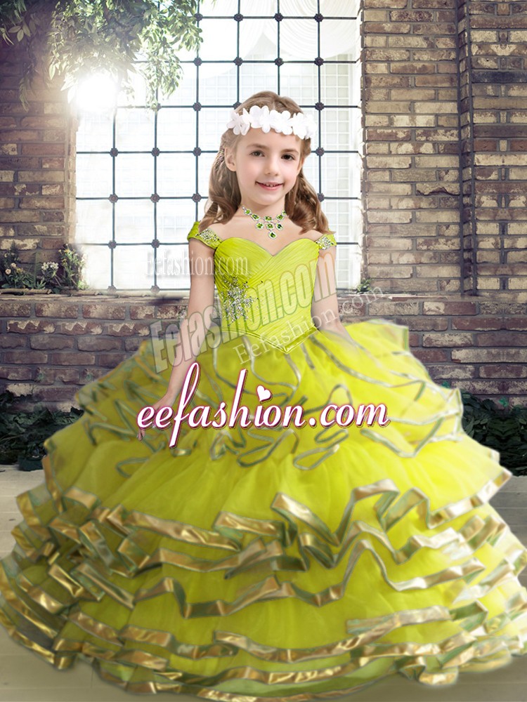  Straps Sleeveless Organza Little Girl Pageant Gowns Beading and Ruffles Lace Up