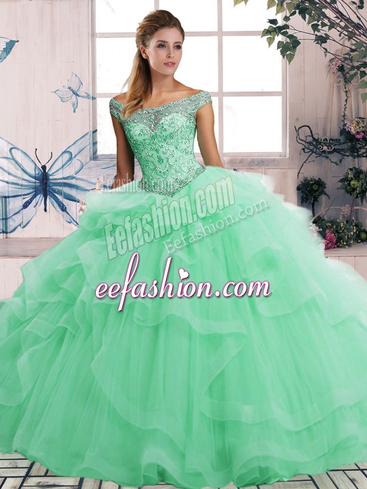Hot Selling Apple Green Tulle Lace Up Sweet 16 Quinceanera Dress Sleeveless Floor Length Beading and Ruffles