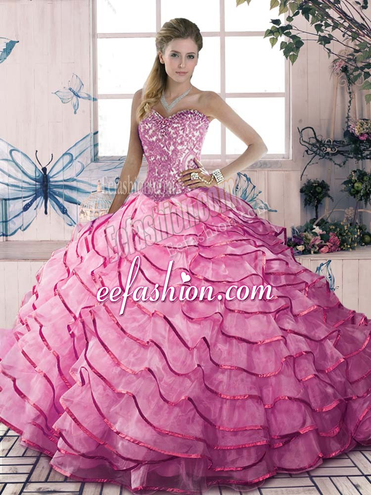  Floor Length Pink Quinceanera Dress Organza and Tulle Sleeveless Beading and Ruffles