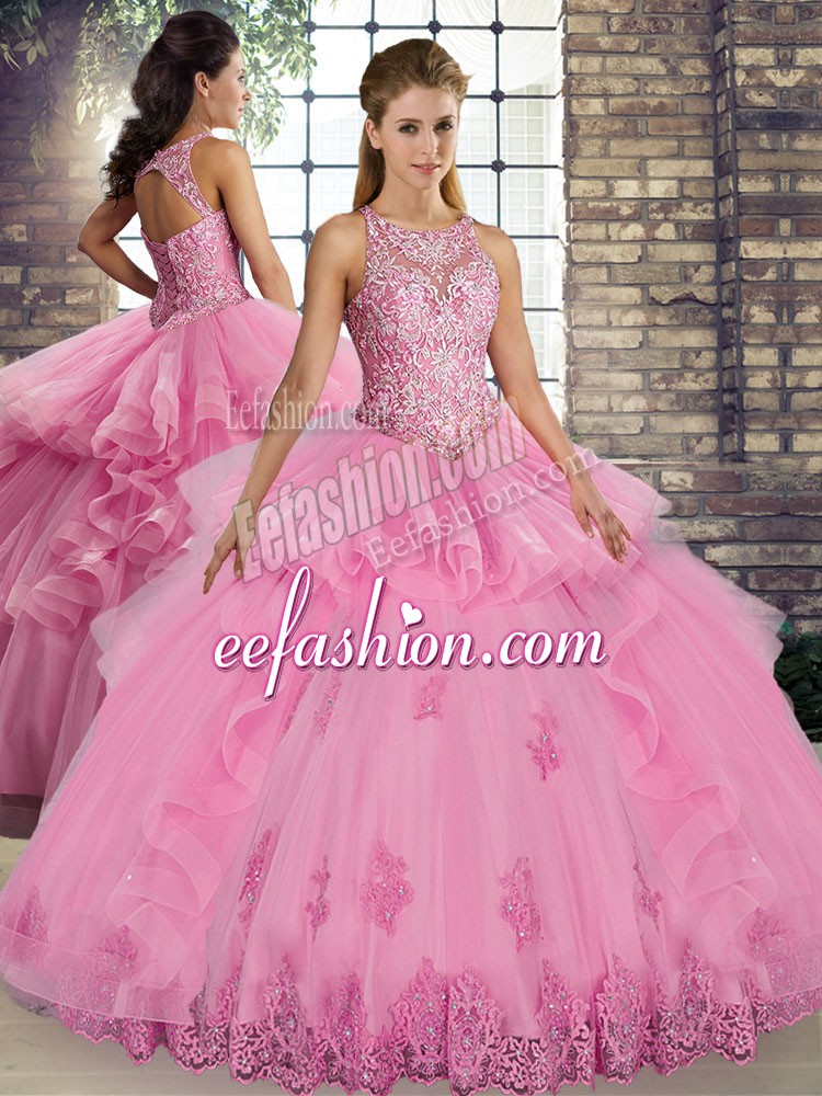 Modern Rose Pink Quinceanera Gown Military Ball and Sweet 16 and Quinceanera with Lace and Embroidery and Ruffles Scoop Sleeveless Lace Up