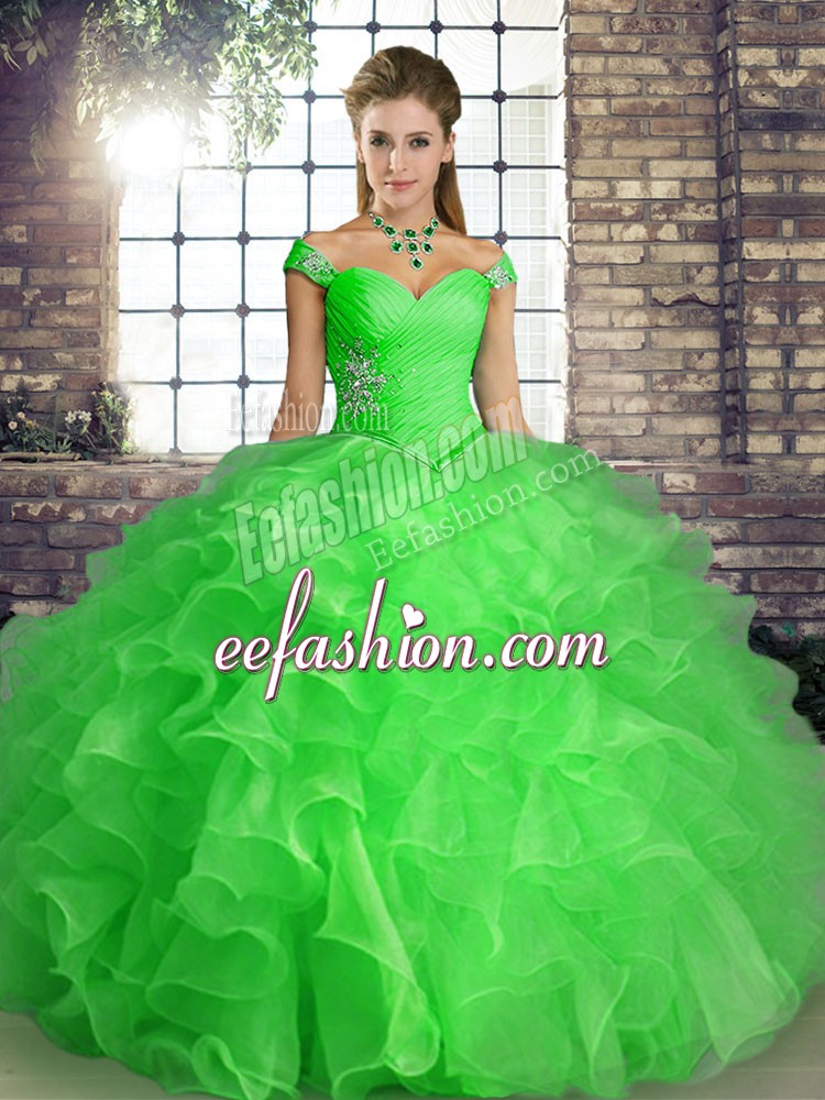 Glamorous Green Organza Lace Up Off The Shoulder Sleeveless Floor Length 15th Birthday Dress Beading and Ruffles