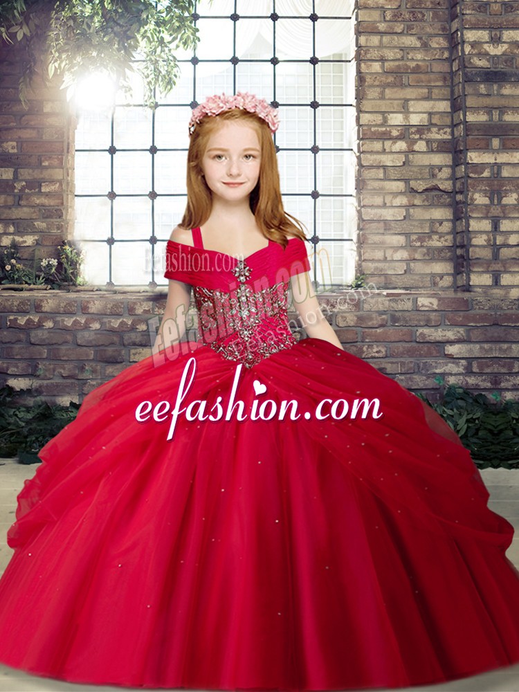 Elegant Red Lace Up Kids Pageant Dress Beading Sleeveless Floor Length