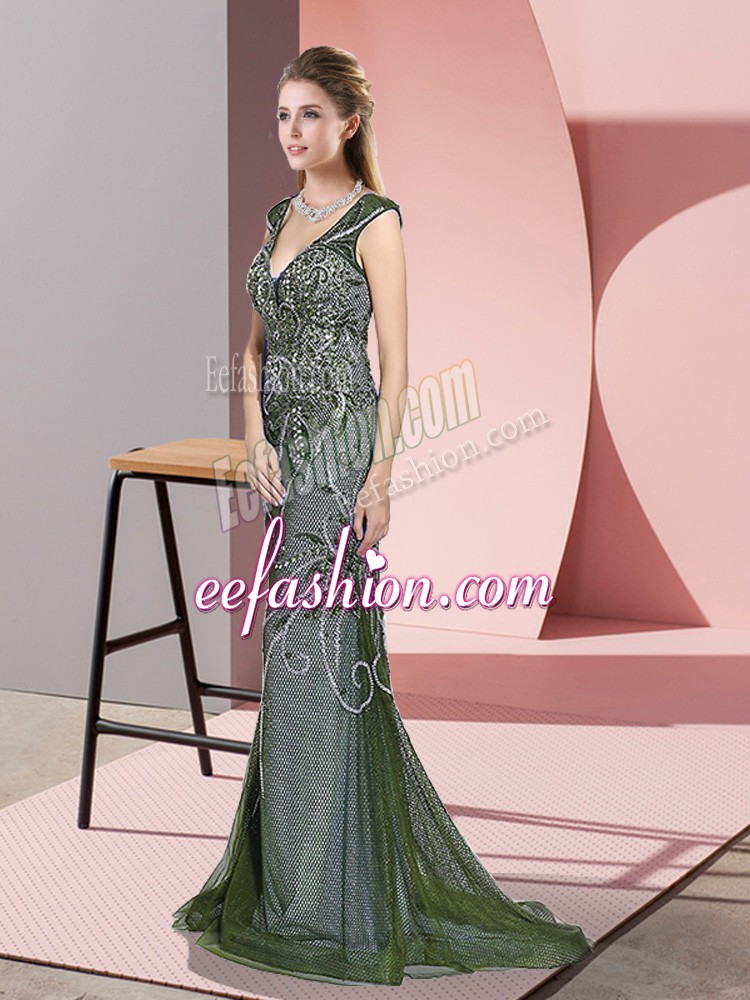 Decent Olive Green Zipper Prom Gown Beading Sleeveless Sweep Train