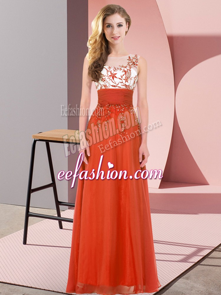 Artistic Chiffon Scoop Sleeveless Backless Appliques Dama Dress for Quinceanera in Rust Red