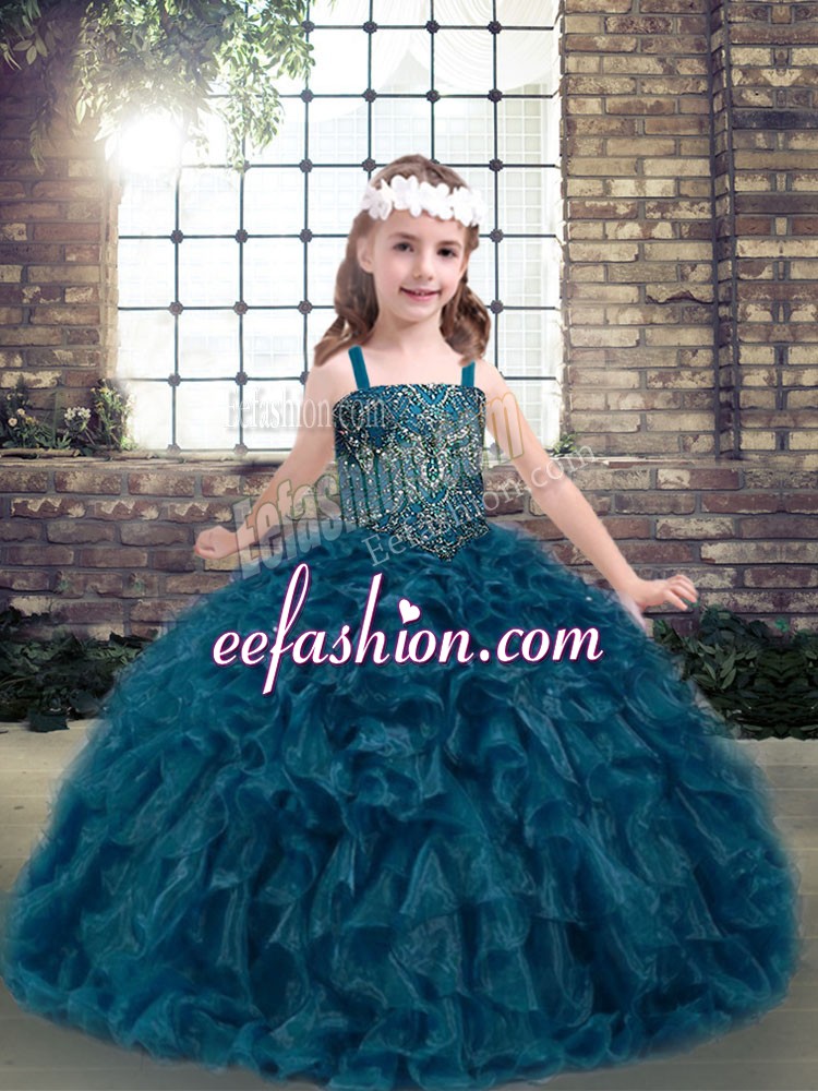 Amazing Sleeveless Floor Length Beading and Ruffles Lace Up Pageant Dress Toddler with Teal 