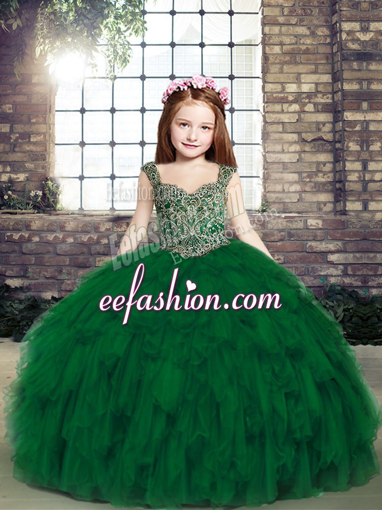 Latest Dark Green Tulle Lace Up Straps Sleeveless Floor Length Kids Pageant Dress Beading and Ruffles