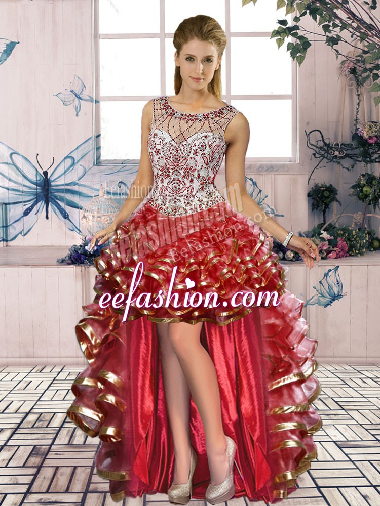 Designer Scoop Sleeveless Organza Prom Dresses Beading and Ruffled Layers Lace Up