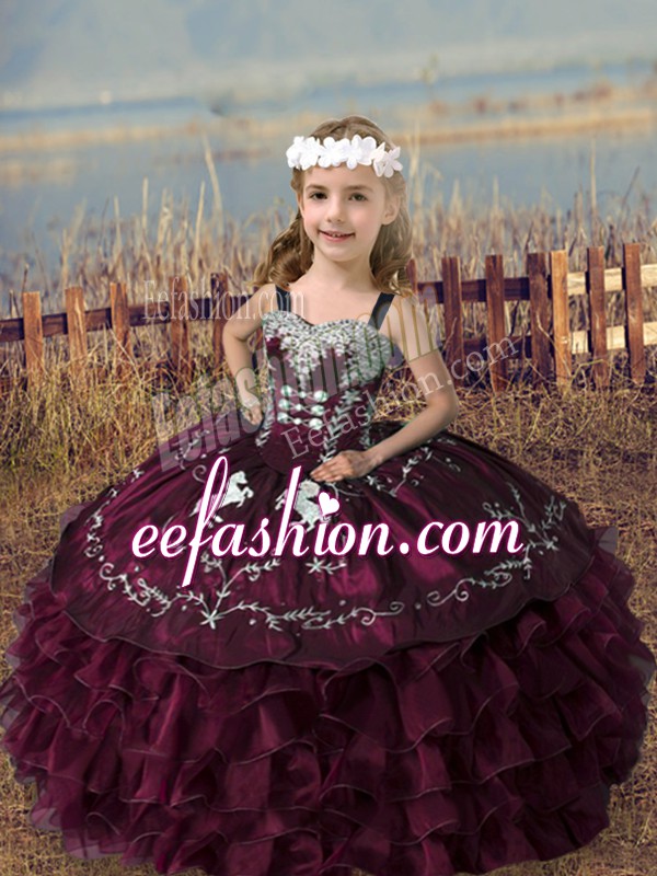  Burgundy Ball Gowns Organza Straps Sleeveless Embroidery and Ruffled Layers Floor Length Lace Up Little Girl Pageant Dress