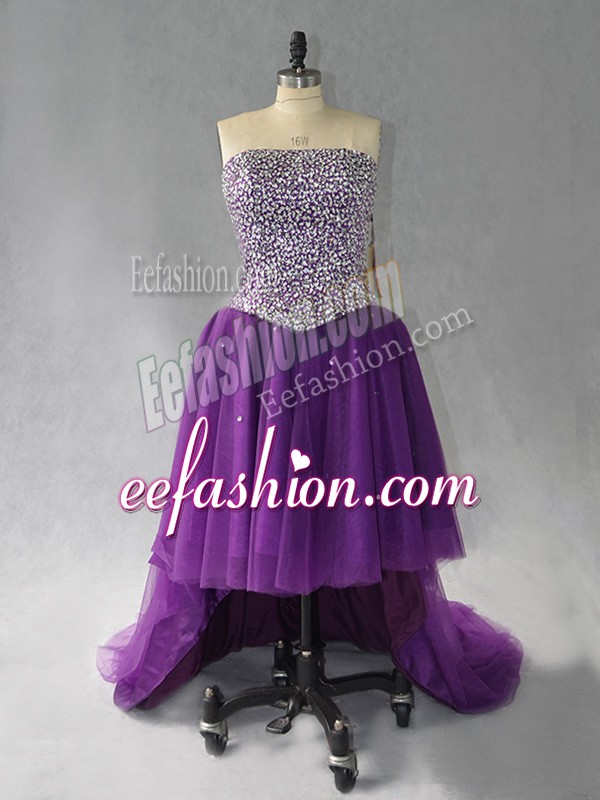  Purple Prom and Party with Beading Strapless Sleeveless Lace Up