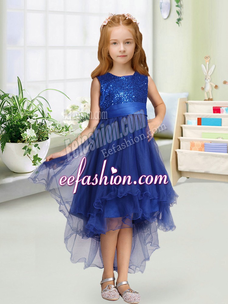 Affordable Sleeveless Organza High Low Zipper Flower Girl Dresses in Royal Blue with Sequins and Bowknot
